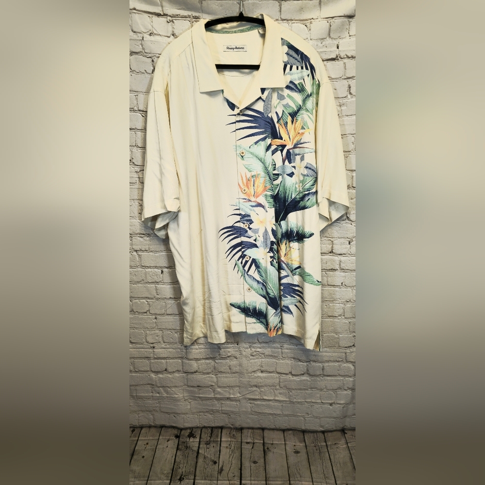 SILK Tommy Bahama Cream Tropical Print Shirt